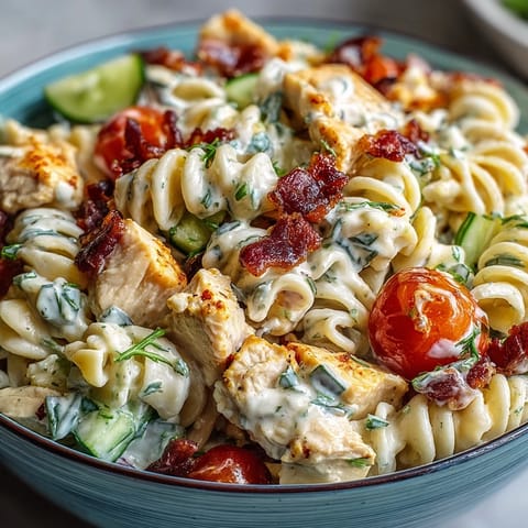 Creamy Chicken Bacon Ranch Pasta Salad loaded with crispy bacon and fresh veggies.