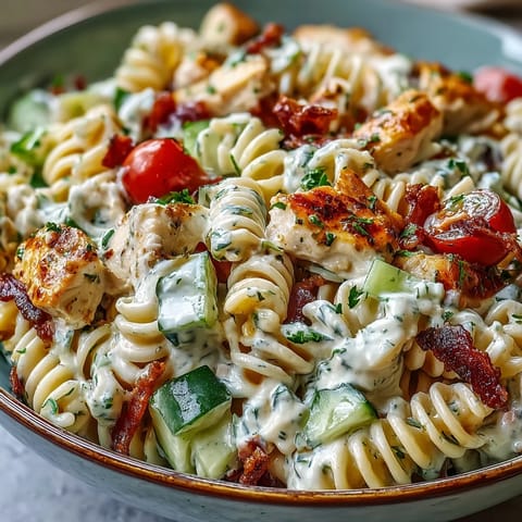 Delicious cold Creamy Chicken Bacon Ranch Pasta Salad, a summer potluck favorite.