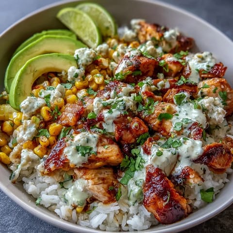 Vibrant Street Corn Chicken Rice Bowls with creamy sauce, fresh cilantro, and avocado.