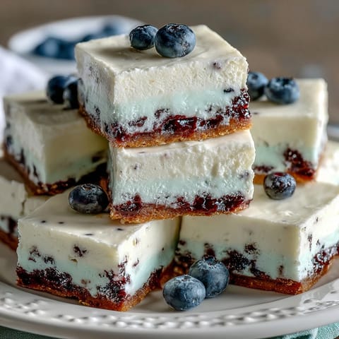 Creamy no-bake lemon blueberry cheesecake bars swirled with vibrant berry goodness.