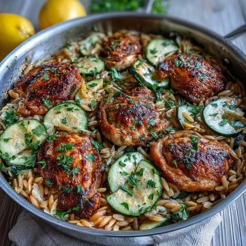 Golden lemon chicken and zucchini orzo in a single pan, lemon zest bright.