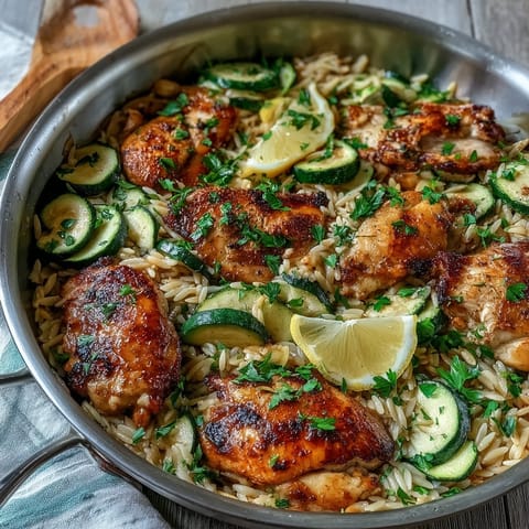 Easy one-pan lemon chicken orzo, tender chicken and vegetables in a bright sauce.