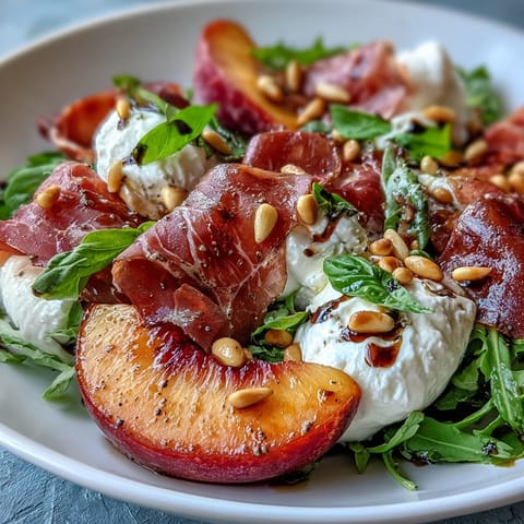 Vibrant Peach Burrata Prosciutto Salad with glistening balsamic glaze.
