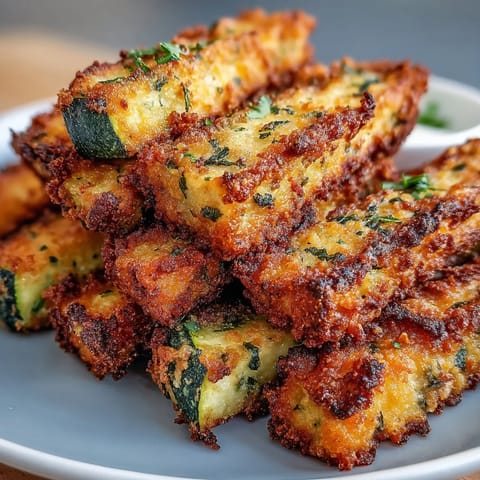 Golden Crispy Parmesan Zucchini Fries baked to perfection with a savory herb crust.