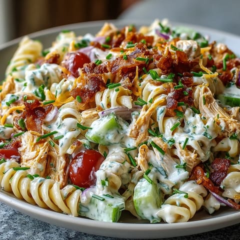 Tempting pasta salad with chicken, bacon, and creamy ranch, perfect for summer picnics.