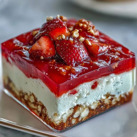 Sweet and salty Strawberry Pretzel Jello Salad layers shimmering with fresh berries.