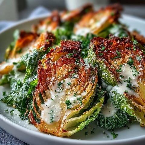 Roasted cabbage wedges tossed with creamy Caesar dressing, a delicious Crispy Cabbage Caesar Salad.