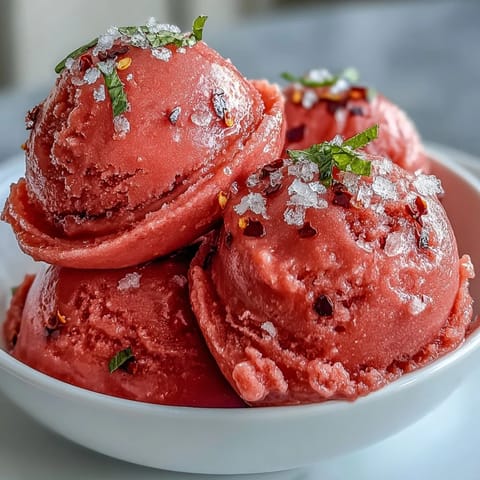 Vibrant Watermelon Tajín Sorbet, a frozen treat with zesty lime and a spicy kick.