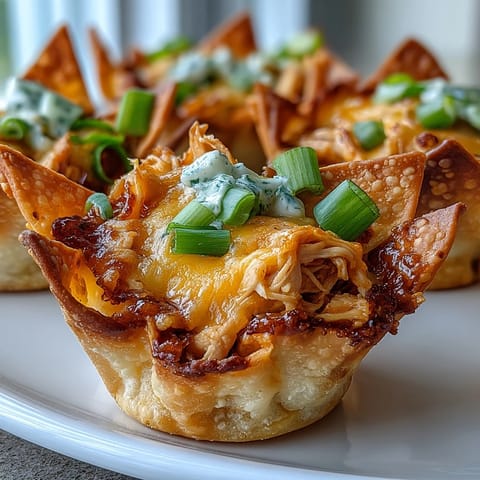 Buffalo Ranch Chicken Snack Cups: Crispy wonton shells filled with spicy chicken and cool ranch.