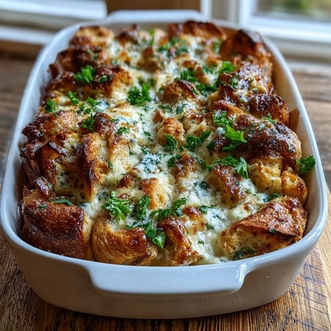 Golden Chicken Caesar Croissant Bake, bubbly with melted cheese, perfect for brunch.