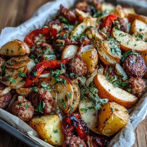 Apple Sausage Breakfast Sheet Pan with golden apples, savory sausages, and roasted potatoes.