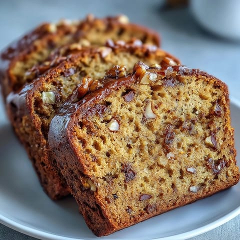 Close-up of moist Pumpkin Banana Breakfast Bread with golden-brown crust.