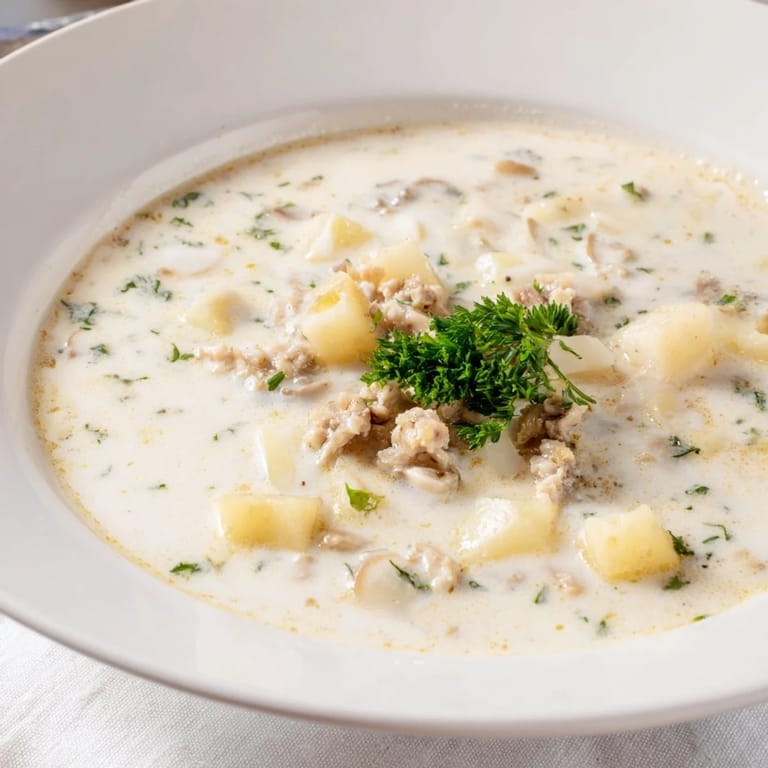 Thick New England Clam Chowder, a hearty soup filled with potatoes and tender clams, ready to serve.