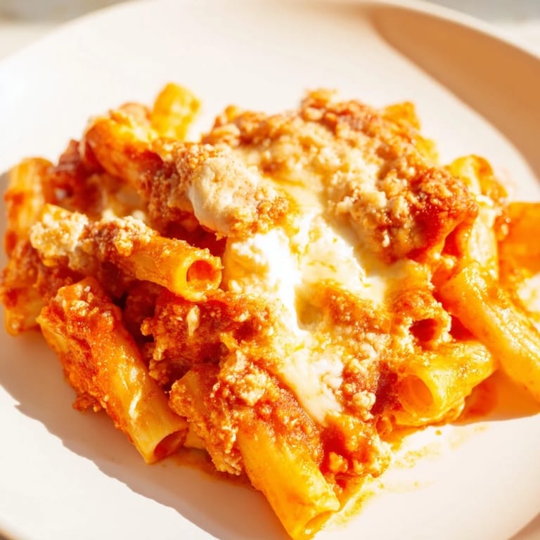 A close-up view of creamy, cheesy Baked Ziti, a comforting Italian-American pasta dish.