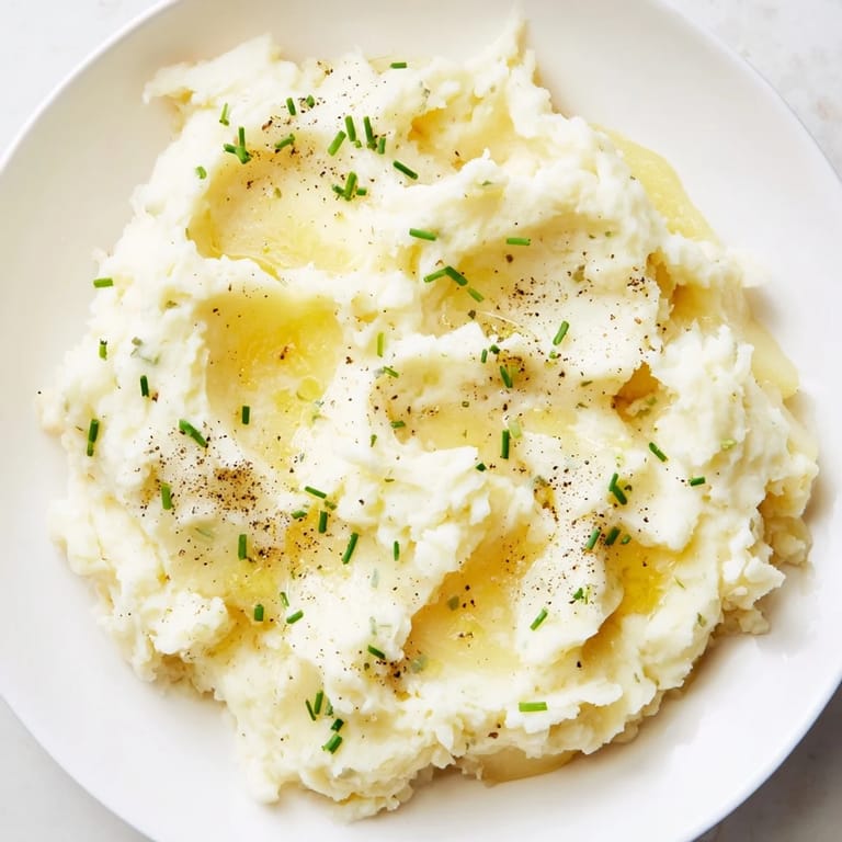 A creamy bowl of freshly made mashed potatoes, garnished with herbs, a classic side.