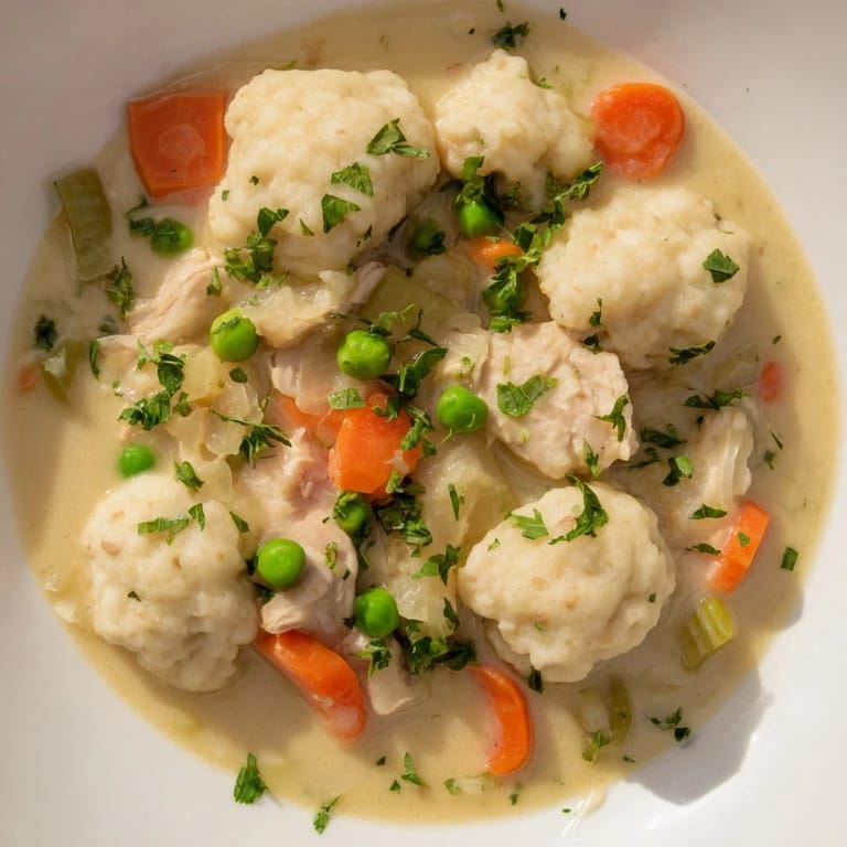 Close-up of a rustic dish, Chicken and Dumplings, with vibrant herbs, a classic comfort food.