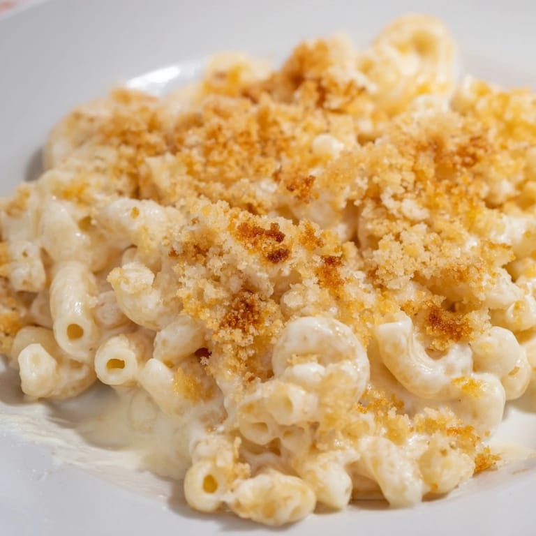 A generous serving of creamy macaroni and cheese, perfect for a comforting family meal.