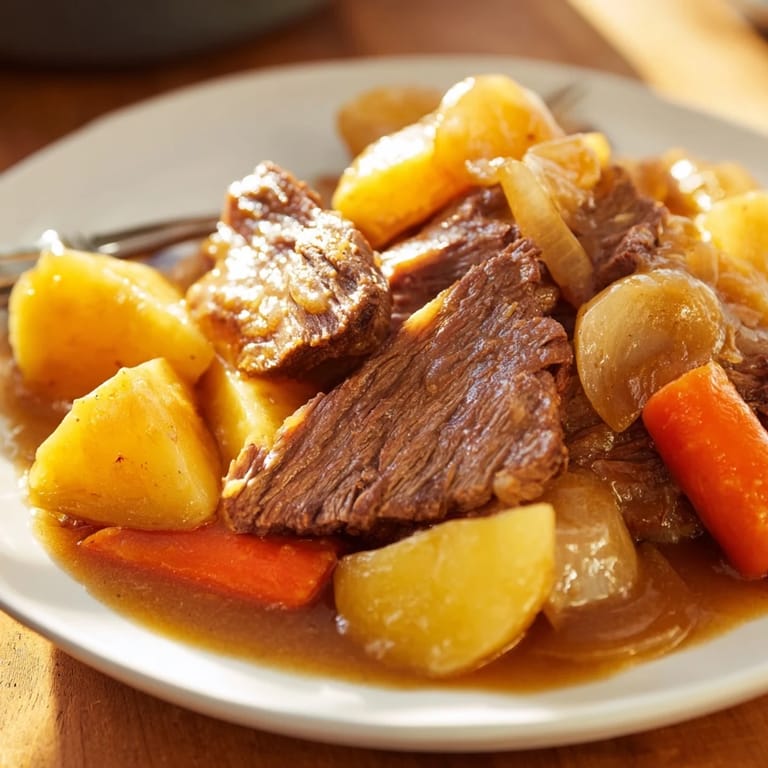 A close-up of a bubbling Beef Pot Roast, showing hearty vegetables and savory meat in a Dutch oven.
