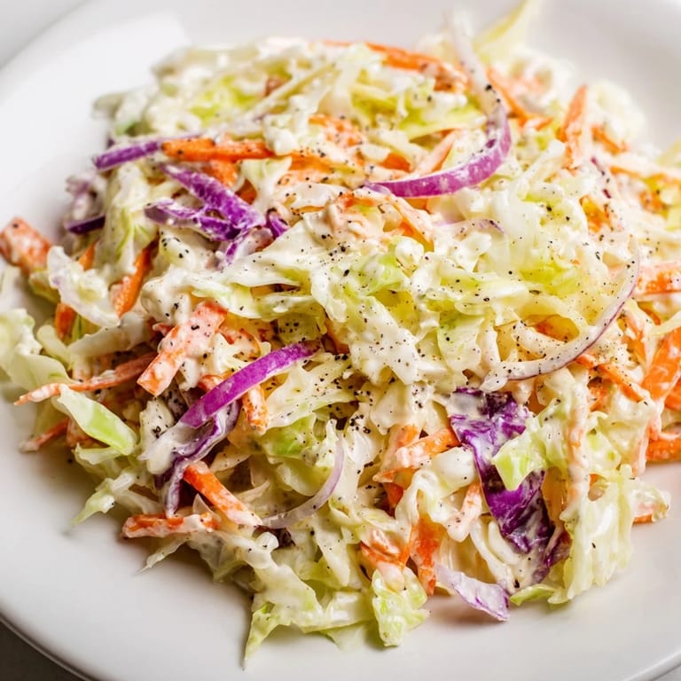 Freshly made coleslaw, with crisp cabbage and a tangy dressing, ideal for a summer picnic.