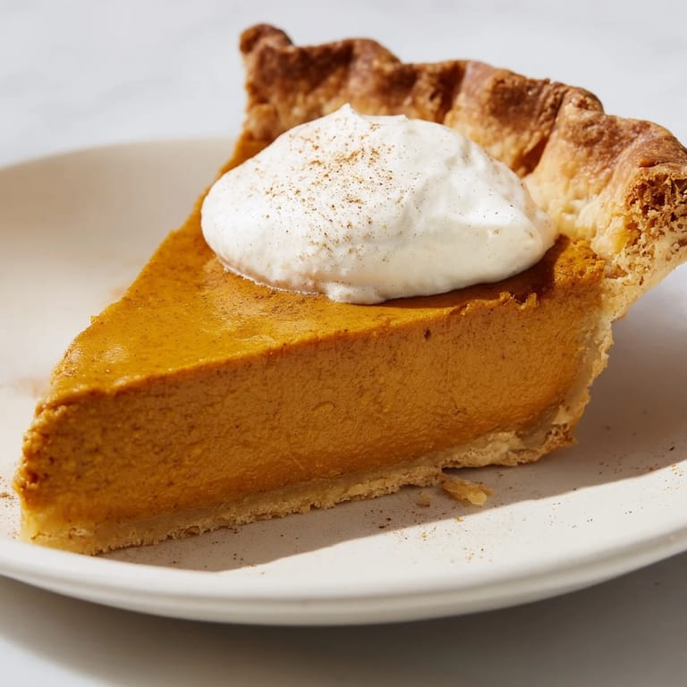 Homemade pumpkin pie, a classic American dessert, ready to be served with whipped cream.