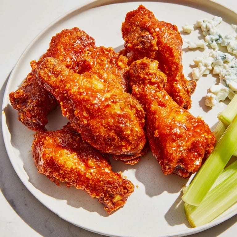 Golden, deep-fried Buffalo wings tossed in a vibrant, flavorful sauce, perfect for game day.