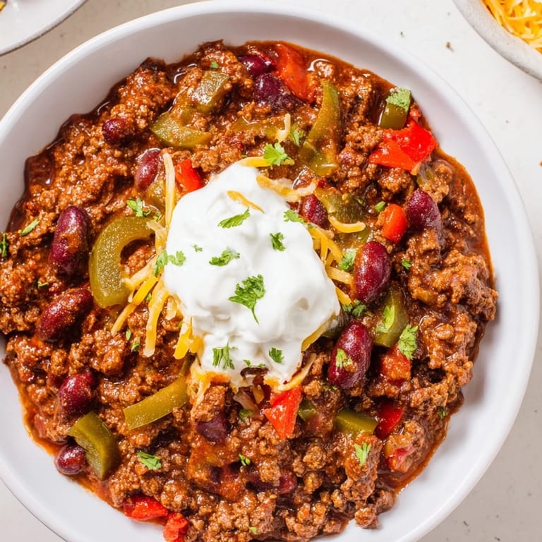 Hearty, homemade Chili con Carne, with rich red stew and optional toppings like cheese.