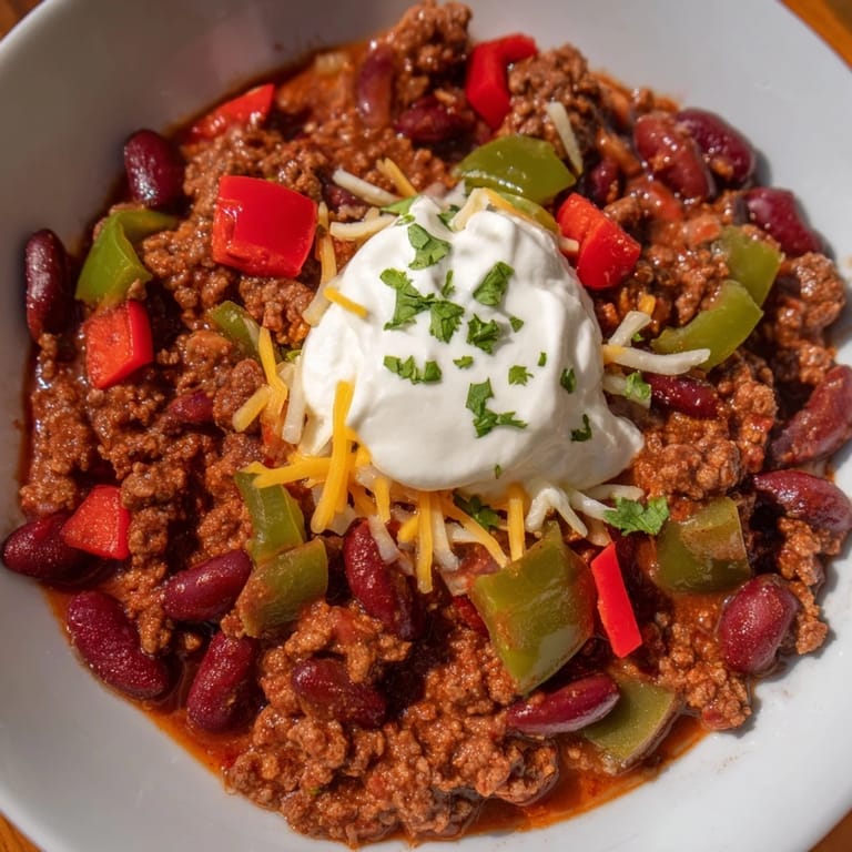 This savory Chili con Carne showcases cooked ground beef and spices, perfect for a cold evening.