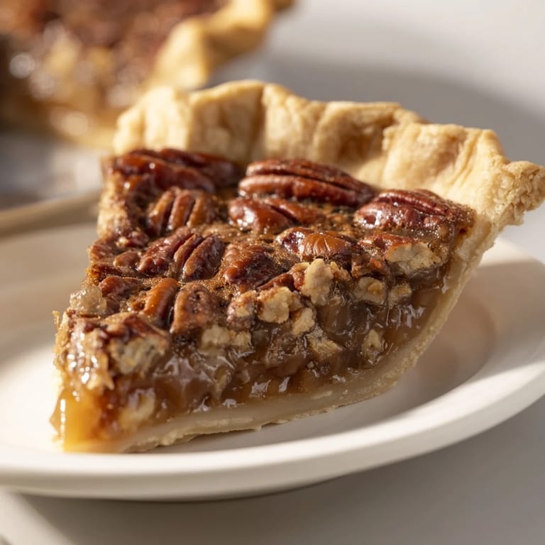 Freshly baked, beautifully crimped Pecan Pie, ideal for serving during the holidays.
