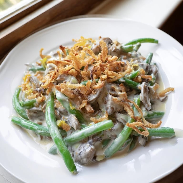 A bubbly, creamy Green Bean Casserole served in a baking dish, perfect comfort food.