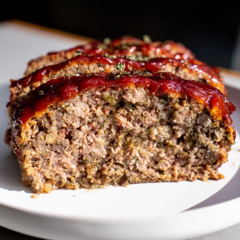 A perfectly baked meatloaf, with a rich, flavorful tomato glaze, ready to be sliced and served.