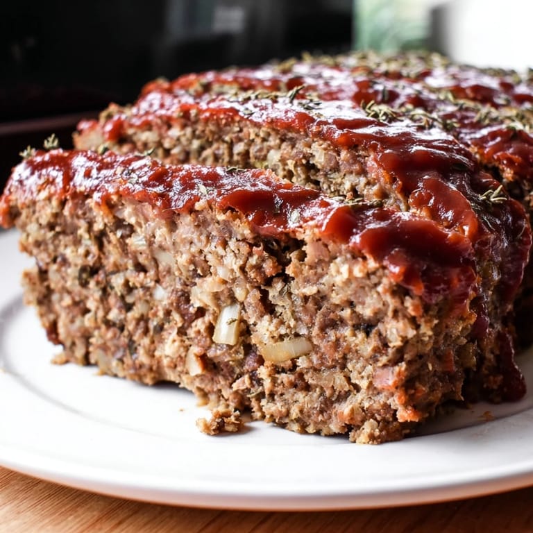 Savor the aroma of a hearty meatloaf, homemade with ground beef and topped with a luscious glaze.