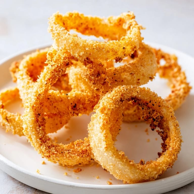 Homemade onion rings, showcasing their crispy texture with a side of creamy dipping sauce.