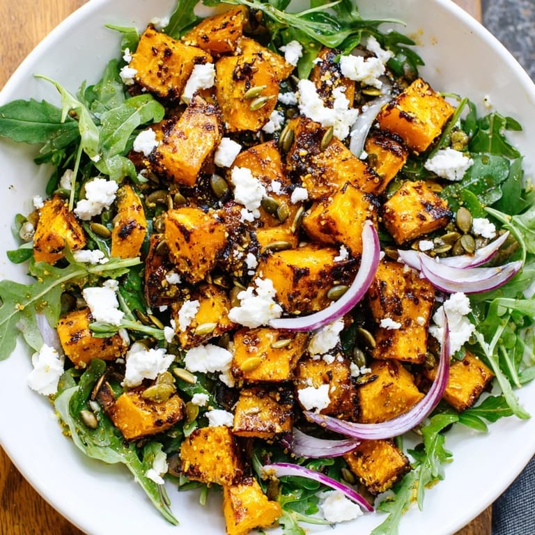 Roasted sweet potato salad with creamy feta and arugula tossed in honey-lime dressing, served on a platter.