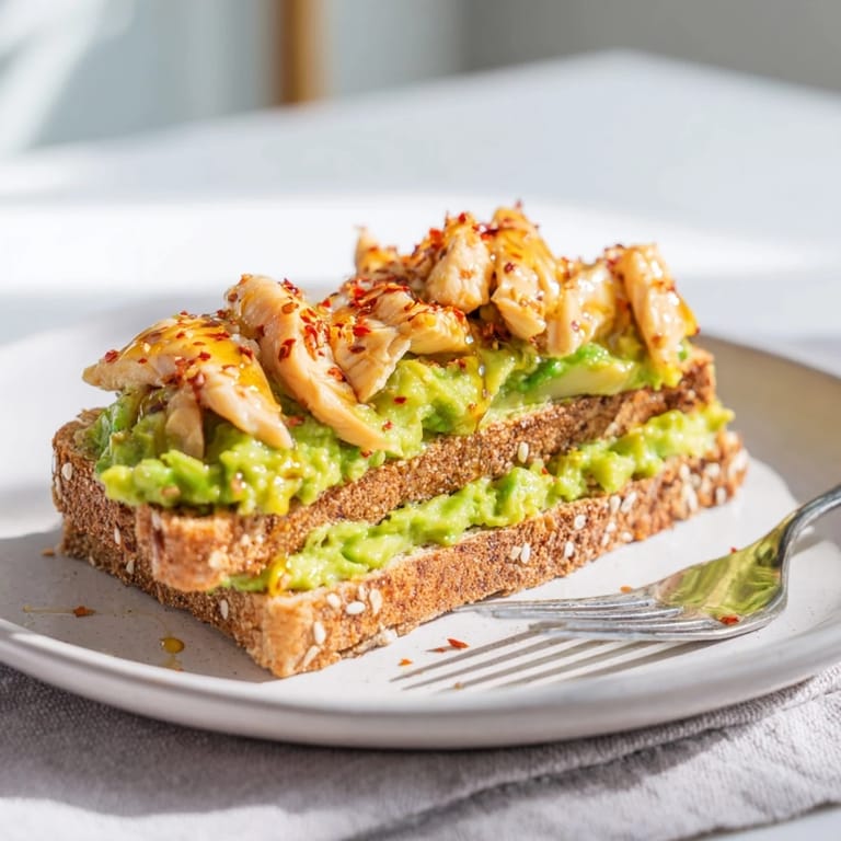 Savory-sweet Smashed Avocado Chicken Toast features juicy grilled chicken and bright avocado mash on crusty bread, finished with fresh herbs.