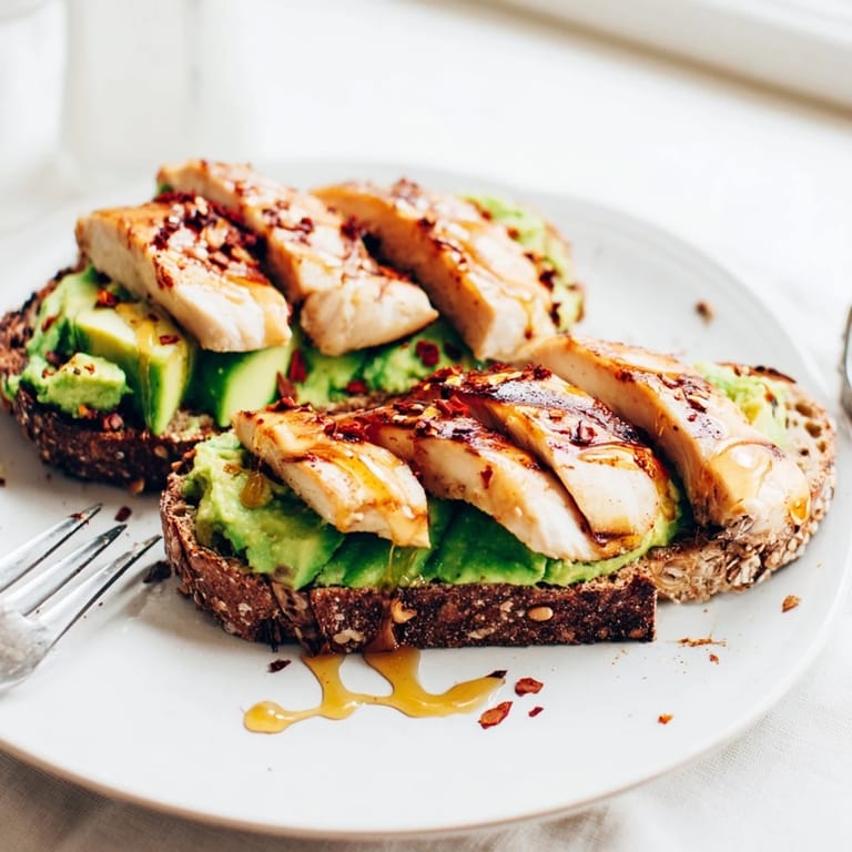 Perfect for brunch or lunch, Smashed Avocado Chicken Toast presents tender chicken on avocado-covered toast with a kick of chili flakes.