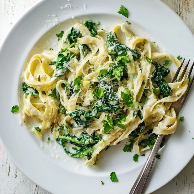 A close-up of Creamy Garlic Spinach Pasta on a rustic wooden table, showcasing fettuccine strands coated in rich, cheesy garlic cream sauce.