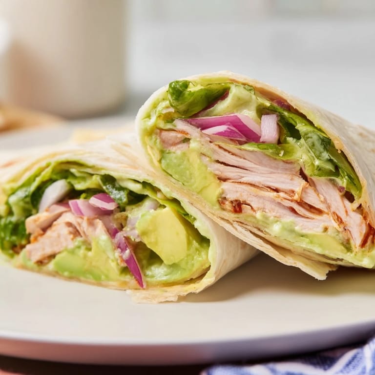 A close-up view shows halved smoky chipotle chicken wraps revealing juicy avocado, diced tomato, and a cool Greek yogurt sauce inside.