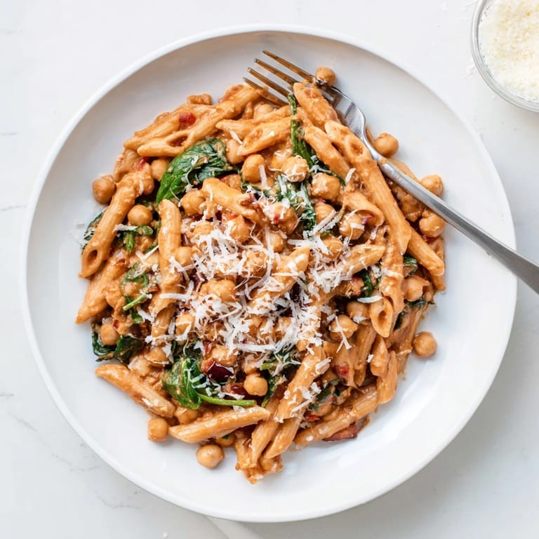 Creamy Tuscan Chickpea Pasta served in a skillet with fresh basil, Parmesan, and crusty bread on the side.