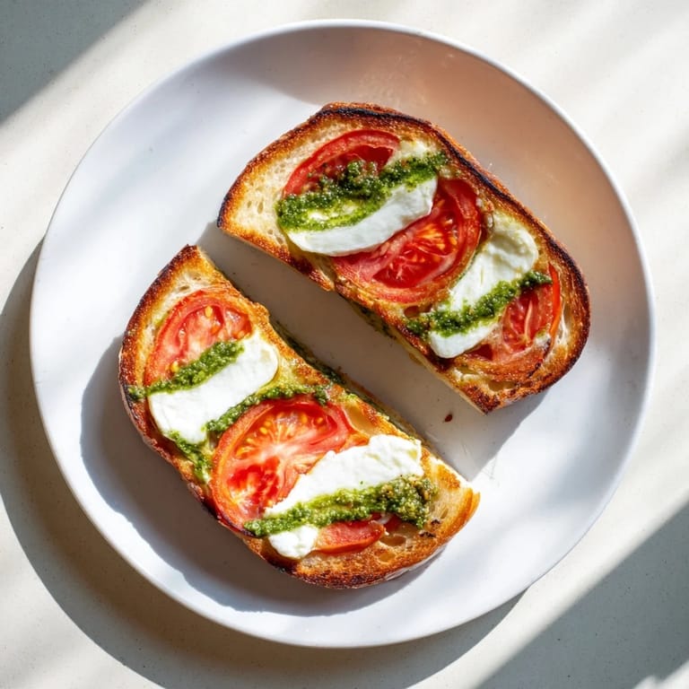 Thick slices of crusty sourdough bread hold fresh mozzarella and ripe tomato, generously spread with fragrant basil pesto.