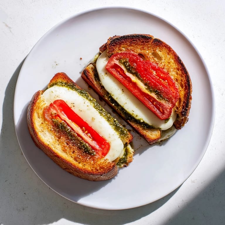 A perfectly toasted Caprese Pesto Grilled Cheese rests on a rustic cutting board, ready to be served warm.