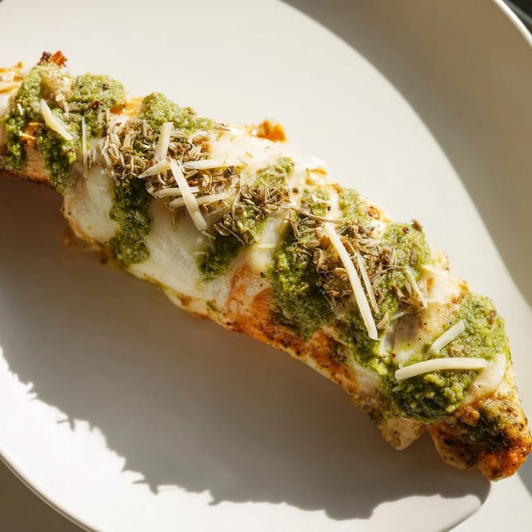 Freshly baked Mozzarella & Pesto Stuffed Chicken topped with Parmesan and aromatic herbs.