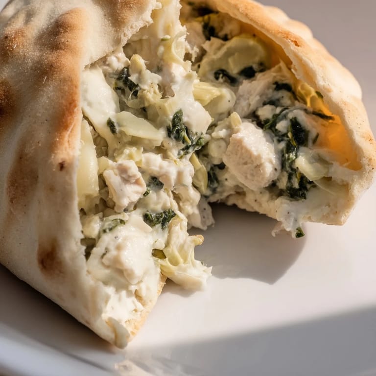 A single Spinach Artichoke Chicken Stuffed Pita held aloft, revealing a creamy filling of tender chicken, spinach, and chopped artichokes.