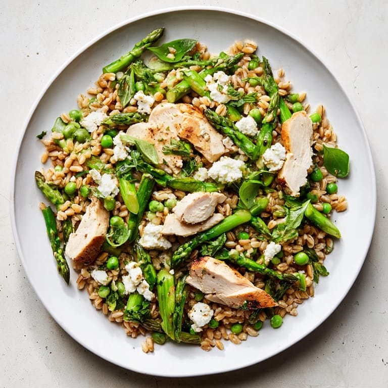 A close-up of Warm Spring Farro Chicken Salad with crumbled feta, fresh herbs, and vibrant peas and asparagus.