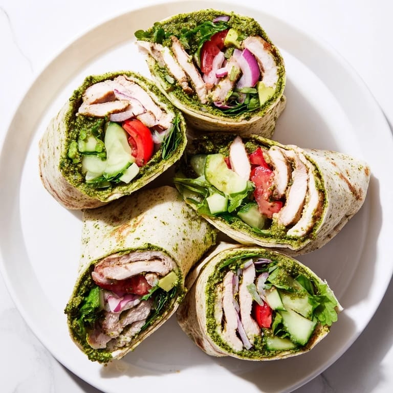 A vibrant, herbaceous Chimichurri Chicken Salad Wrap with juicy chicken, mixed greens, and zesty green sauce, rolled tightly for a fresh meal.  