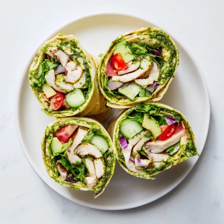 Colorful Chimichurri Chicken Salad Wrap filled with sliced tomatoes, red onion, and greens, drizzled with bright green herb sauce on a plate.