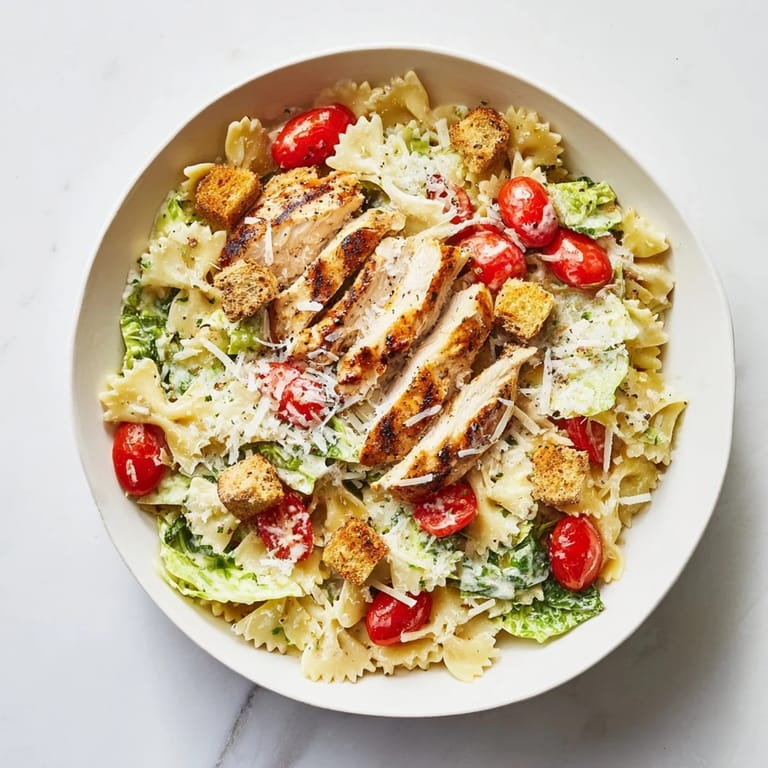 A close-up of a freshly prepared Caesar Pasta Chicken Bowl, displaying perfectly grilled chicken strips over rotini pasta, crisp greens, and generous shavings of Parmesan cheese.