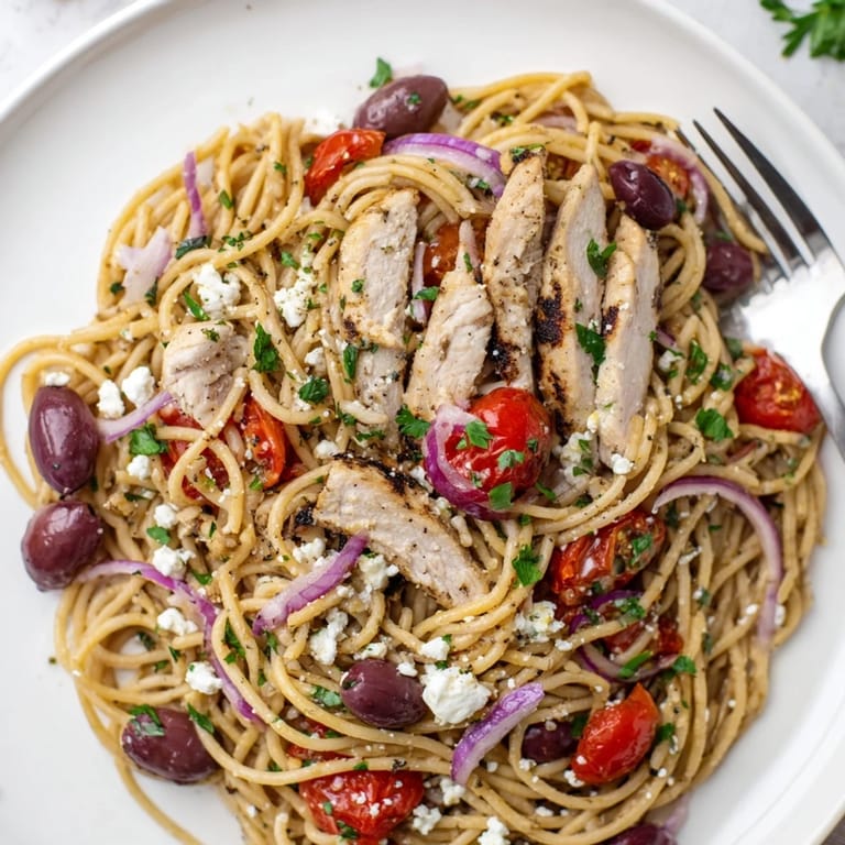 Bright Mediterranean flavors shine in this Greek Chicken Spaghetti, served steaming from a skillet.