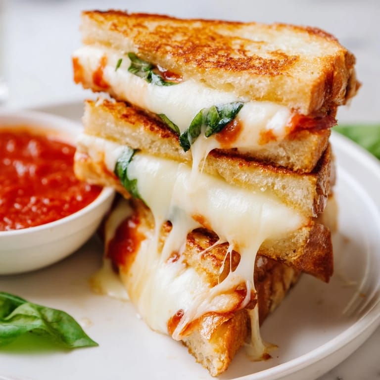 Close-up of crispy Caprese Grilled Cheese Dippers with fresh tomato and basil layers.  