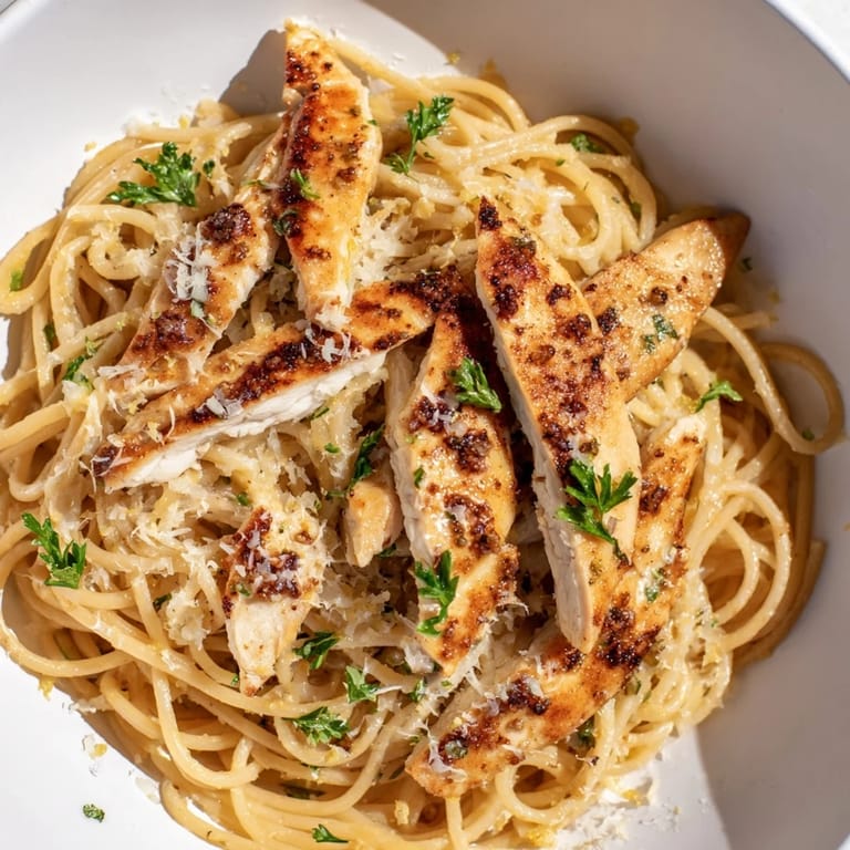 Brown Butter Lemon Chicken Pasta served in a shallow bowl with lemon wedges, ready to be enjoyed by a family dinner.