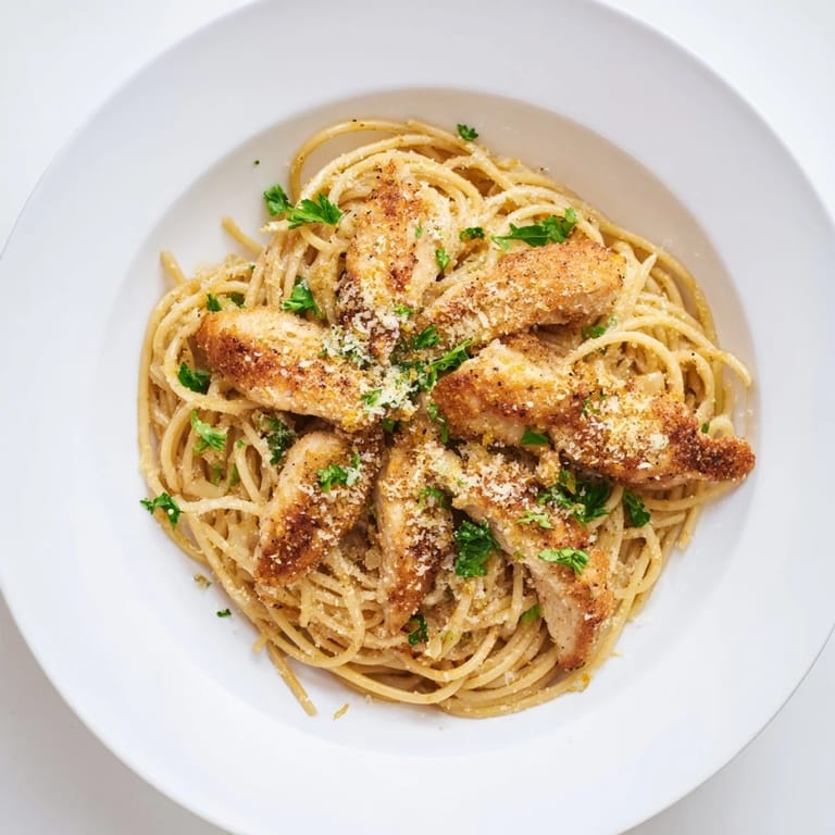 Linguine-style strands coated in a glossy, nutty brown butter lemon sauce, topped with freshly grated Parmesan and vibrant chopped parsley.